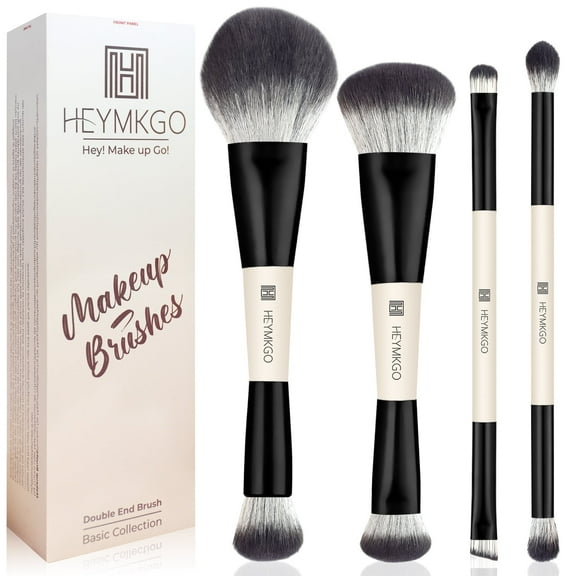 HEYMKGO 4Pcs Makeup Brush Set – Dual-Ended Foundation & Contour Brushes, Synthetic Kabuki Powder Buffer, Professional Cosmetic Tools Kit for Women, Mothers, Daughters, Girlfriends (Black)