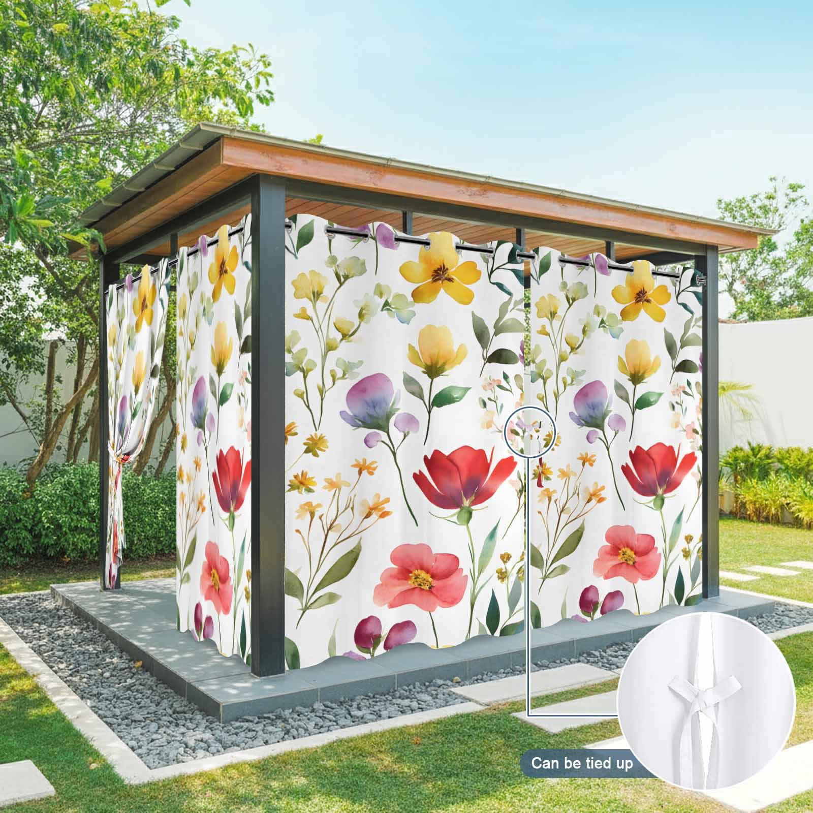Spring Floral Outdoor Curtains for Patio, Gradient Red Purple Yellow Flowers Romantic Farmhouse Waterproof Outside Curtains Privacy Blackout Curtain for Porch Pergola Cabana, 2 Panel 54W x 108L Inch