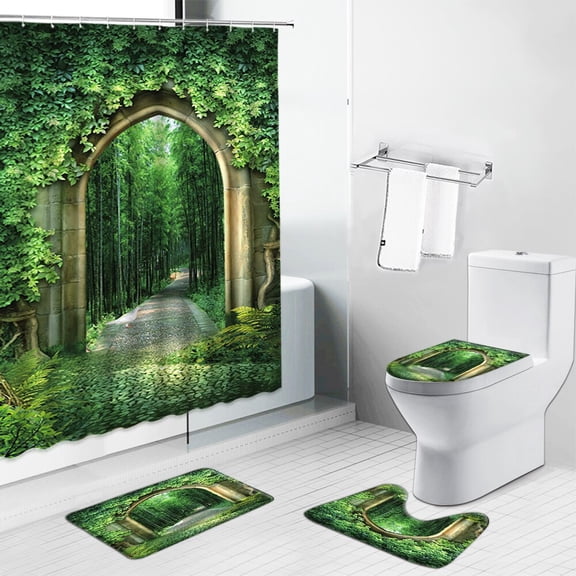 Natural Scenery Shower Curtains Forest Waterfall Landscape Bathroom Curtains Non-Slip Rug Toilet Cover Set Carpet Door Bath Mat