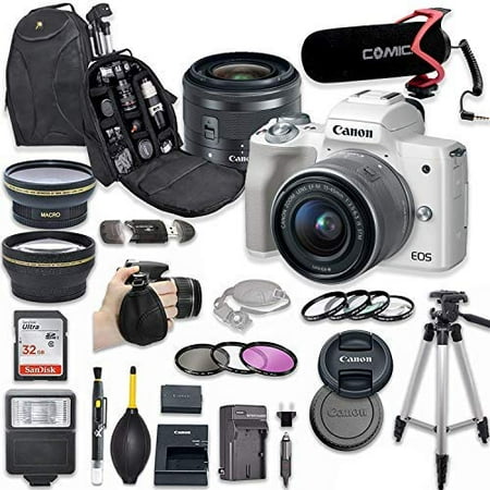 Camera Flash Lens Canon EOS M50 Mirrorless Digital Camera with 15-45mm Lens Kit (White) + Wide Angle Lens + 2X Telephoto Lens + Flash + SanDisk 32GB SD Memory Card + Video Creator Accessory Bundle ()
