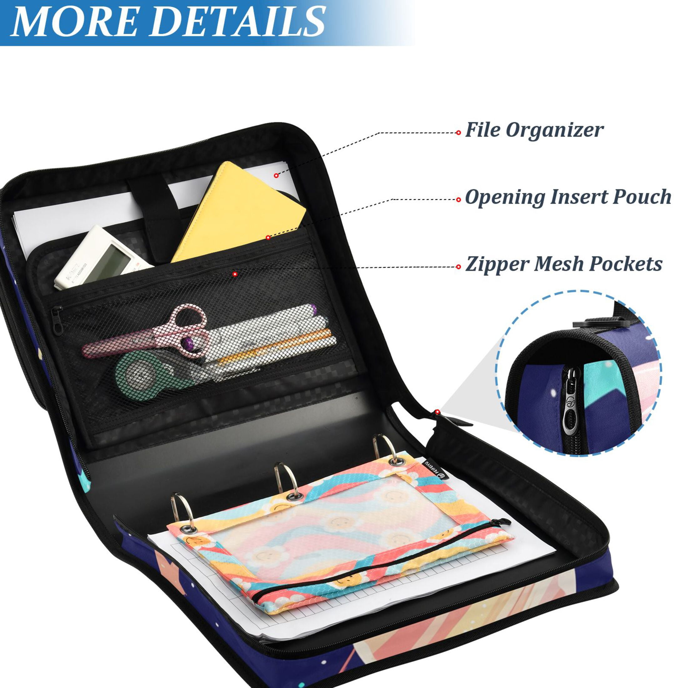 3 Ring Zipper Binder with Shoulder Strap Waterproof Trapper Keeper 2 Inch D-Ring 500 Sheets Capacity Cartoon Planet and Star