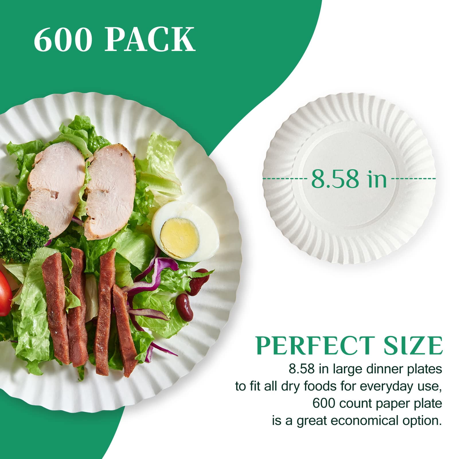 JOLLY PARTY 8.5 inch MMF7&nbsp;Paper Plates Uncoated,600 Count Everyday Disposable Plates, Light Weight Paper Plates White, Round Dinner Paper Plates, Large Paper Plates Lunch, for Home and Office