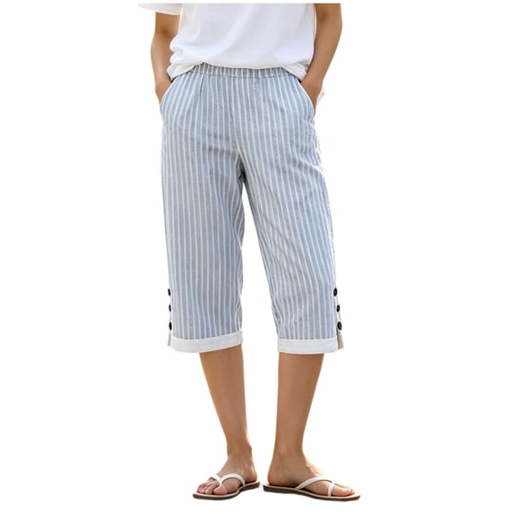 hlysgo Striped Linen Pants for Women Elastic High Waisted Cropped Capris Side Button Summer Vacation Capri Pants with Pockets Light Blue,M