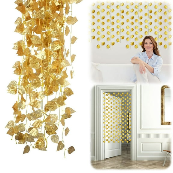 Hanging Wall Decor,Artificial Gold Leaf Vine Plastic Gold Leaf Garland Hanging Leaf Banner Background Wall Decal Suitable For Garland DIY Crafts And Party Birthday Wedding Home Decoration