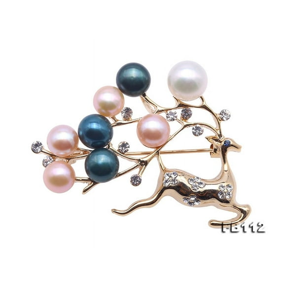 JYX Pearl Elk Brooch 7-9mm Colorful Freshwater Pearl Brooche Pins with Zircons-inlayed