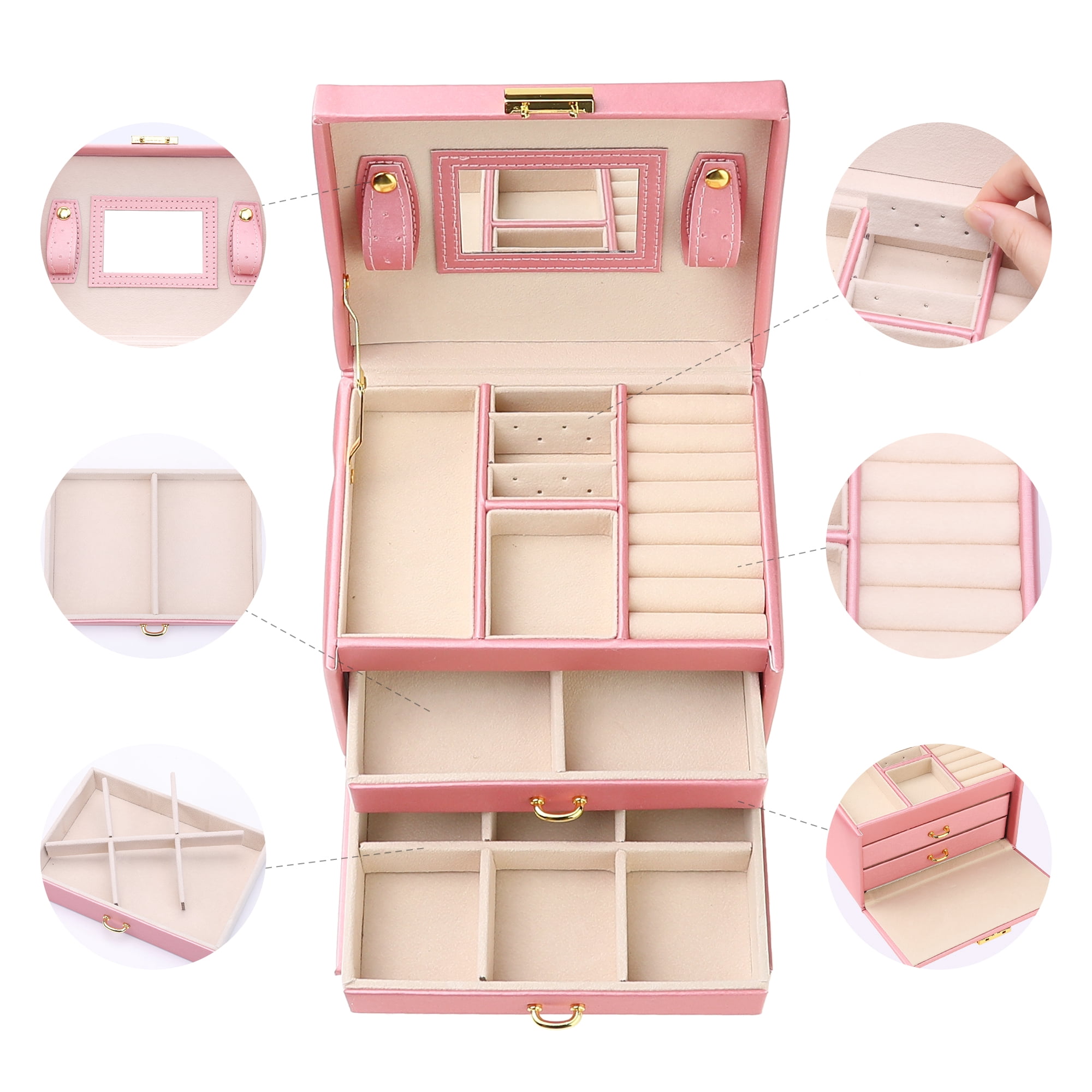 Unique Bargains 3 Layer Jewelry Box with Mirror for Women PU