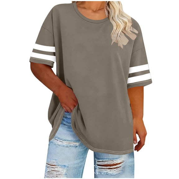 hoksml Women's Striped Sleeve Drop Shoulder T-Shirt, Loose Fit Crew Neck Casual Sporty Tee for Summer Daily Wear