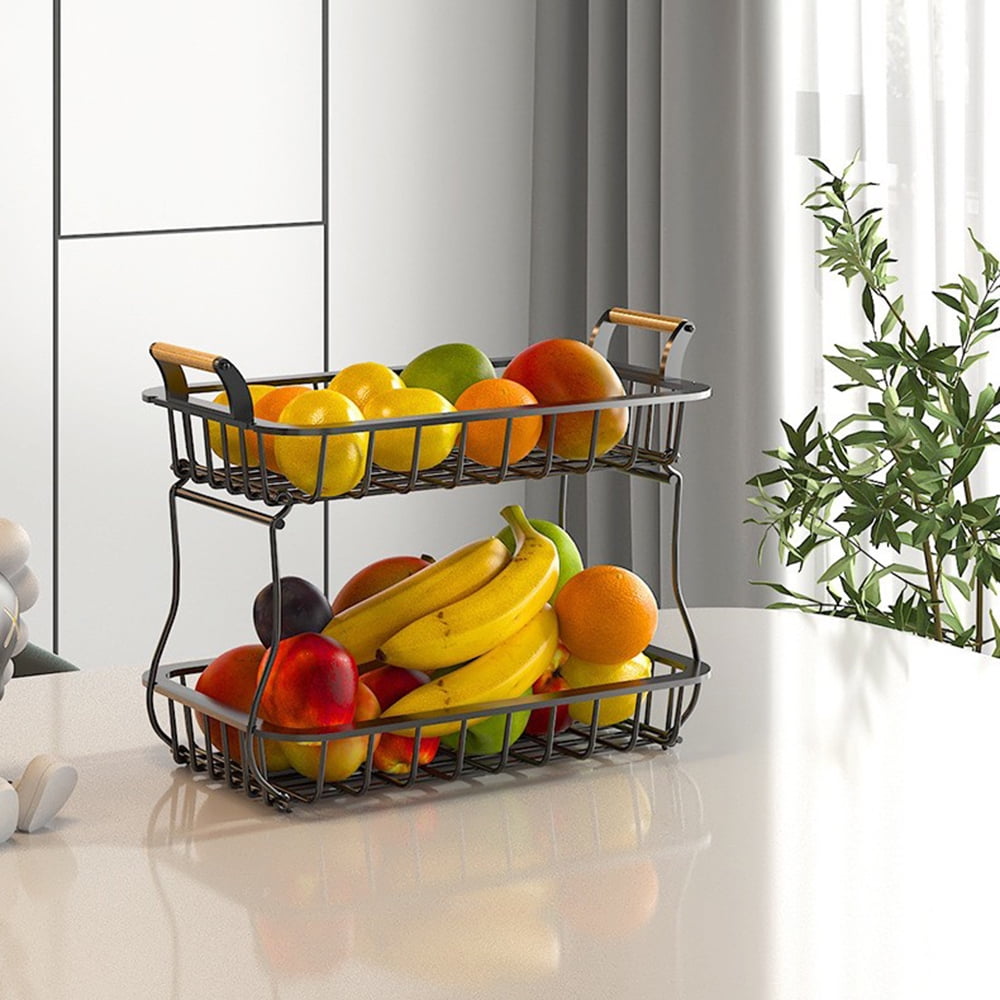 CACAGOO 2 Tier Countertop Fruit Basket Kitchen Organizer with Wooden Handle for Kitchen Counter Metal Mesh Basket Fruits Stand Produce Holder Organizer