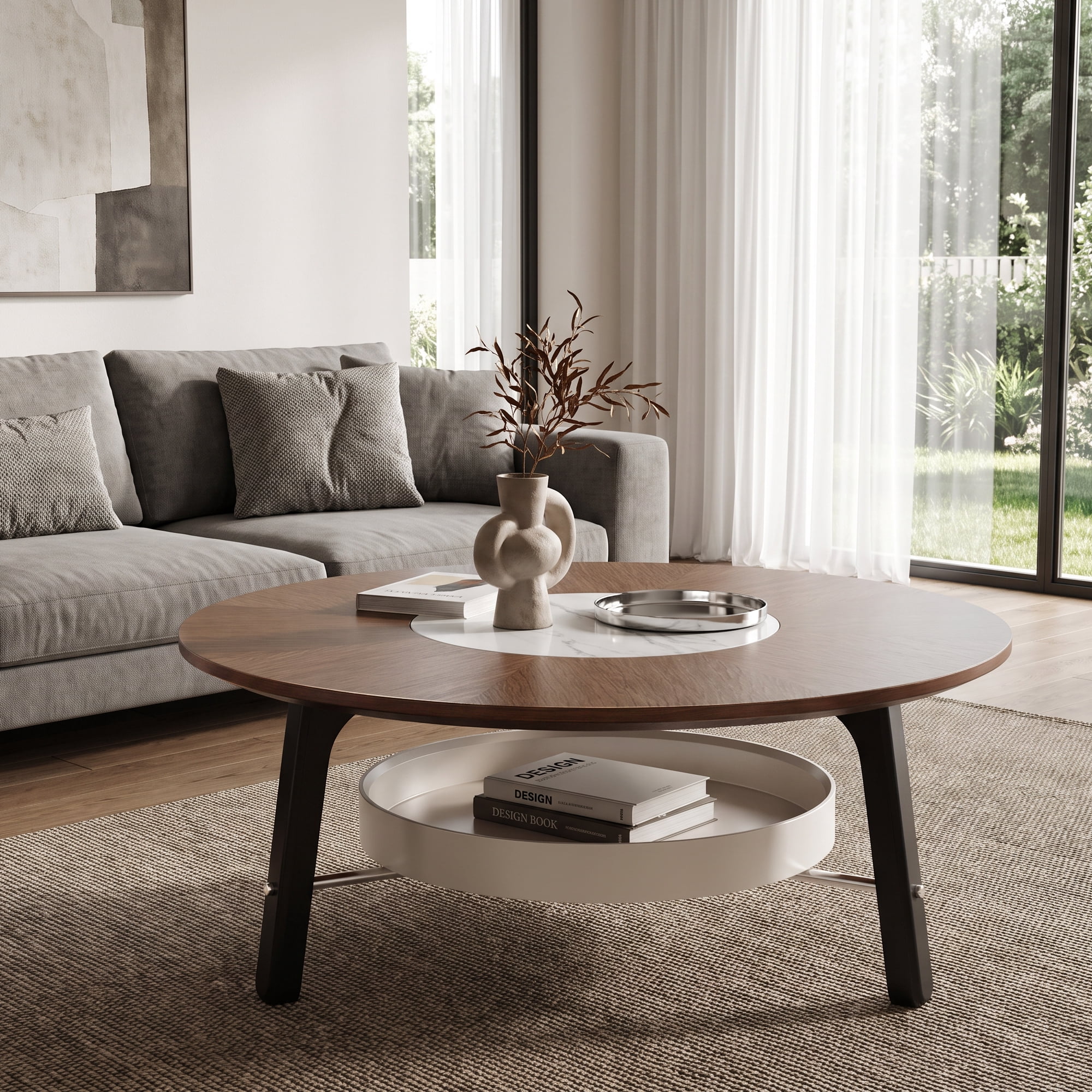 Leumius Round Coffee Table with Storage Shelf, Modern Minimalist Center Table for Living Room Walnut+White