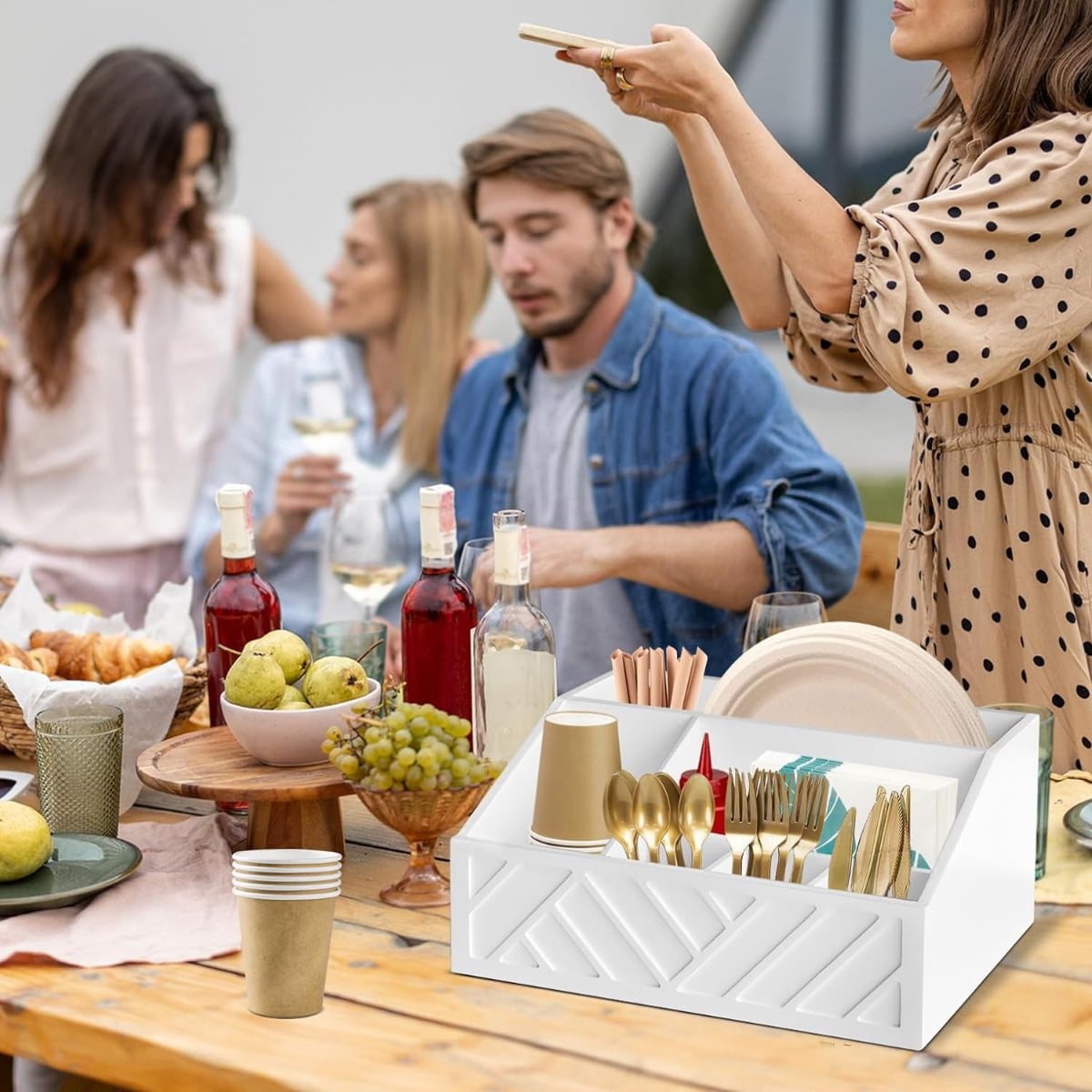 Paper Plate Dispenser, Paper Plate Holder for Kitchen Counter, Wood Silverware Utensil Caddy, Cutlery Flatware Organizer Box for Kitchen (White)