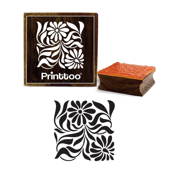 Printtoo Craft Textile Square Floral Pattern Stamp Brown Wooden Rubber Stamps-5 x 5 Inches