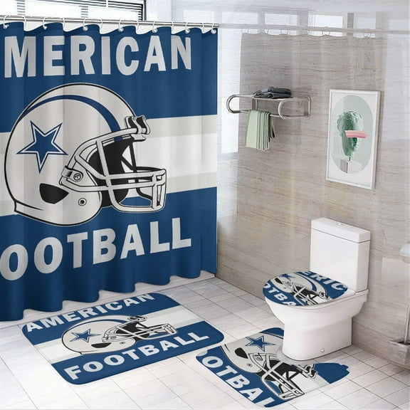 Football Cowboys Shower Curtain Sets Non-Slip Rugs Bath Mat Toilet Cover U Shaped Mat 4 Pcs