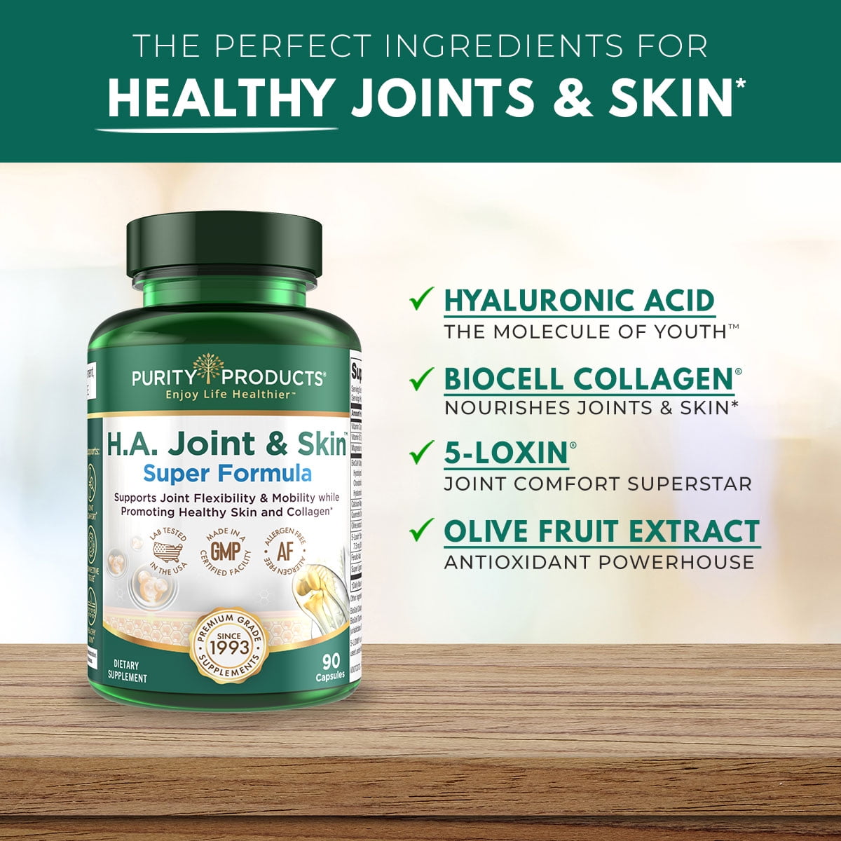 H.A. Joint and Skin Super Formula - Purity Products - BioCell Collagen w/ Hyaluronic Acid Supports Healthy Joint Flexibility, Healthy Synovial Fluid, and Joint Lubrication - 5-Loxin - 90 capsules