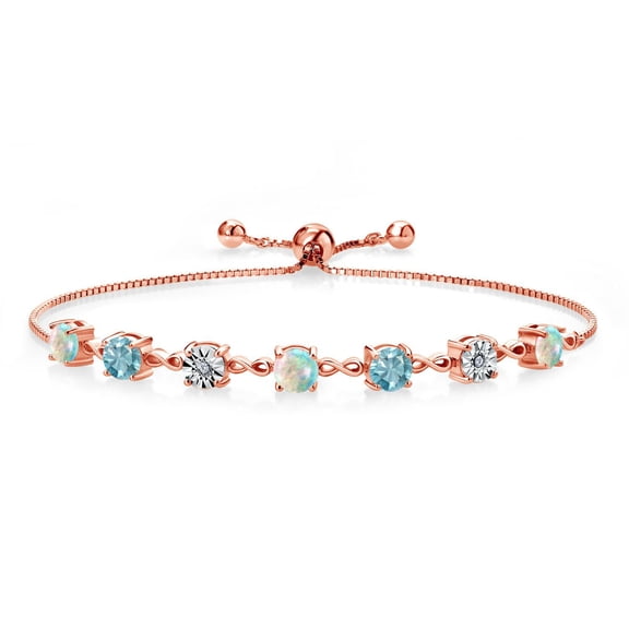Gem Stone King 3.21 Ct Round Cabochon White Simulated Opal Blue Zircon 18K Rose Gold Plated Silver Lab Grown Diamond Tennis Bracelet for Women (Fully Adjustable up to 9 inch)
