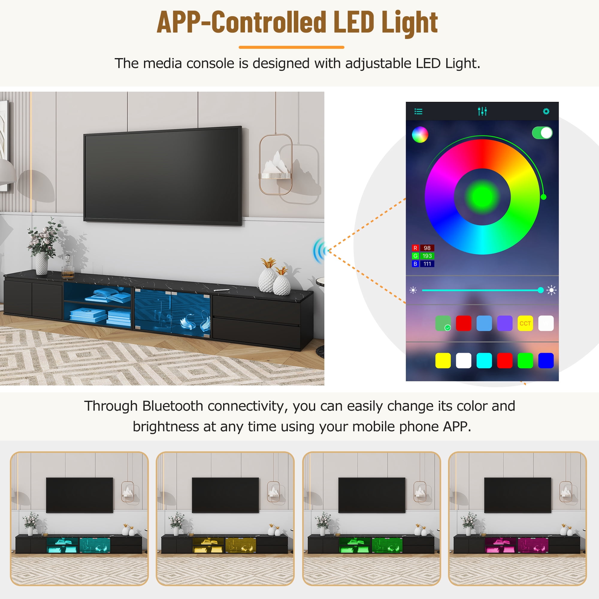 EUROCO 94.5" TV Stand Up to 100/105 inch TV,Modern APP LED TV Stand for Living Room,High Gloss Entertainment Center with Faux Marble Tabletop ,Tempered Glass Doors, 2 Drawers & Cabinets,TV Console