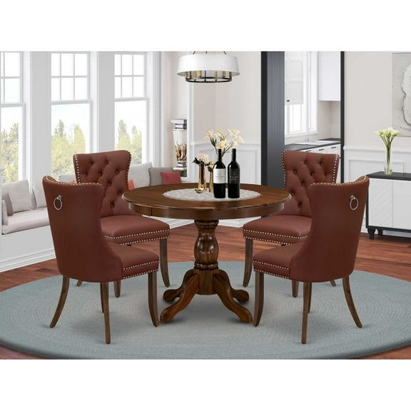 Modern 5-Piece Dining Set - Round Kitchen Table & 4 Upholstered Chairs - Walnut Finish