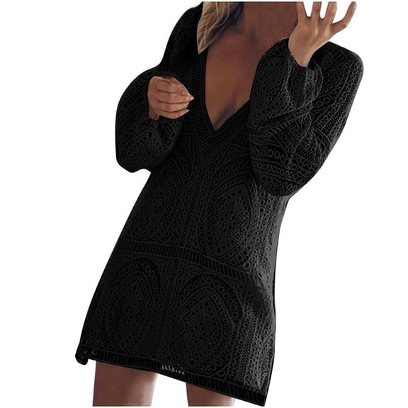 Idoravan Beach Cover ups for Women Women V-Neck Solid Color Hollow Out Beach Bikini Smock Swimsuit Blouse Cover Up