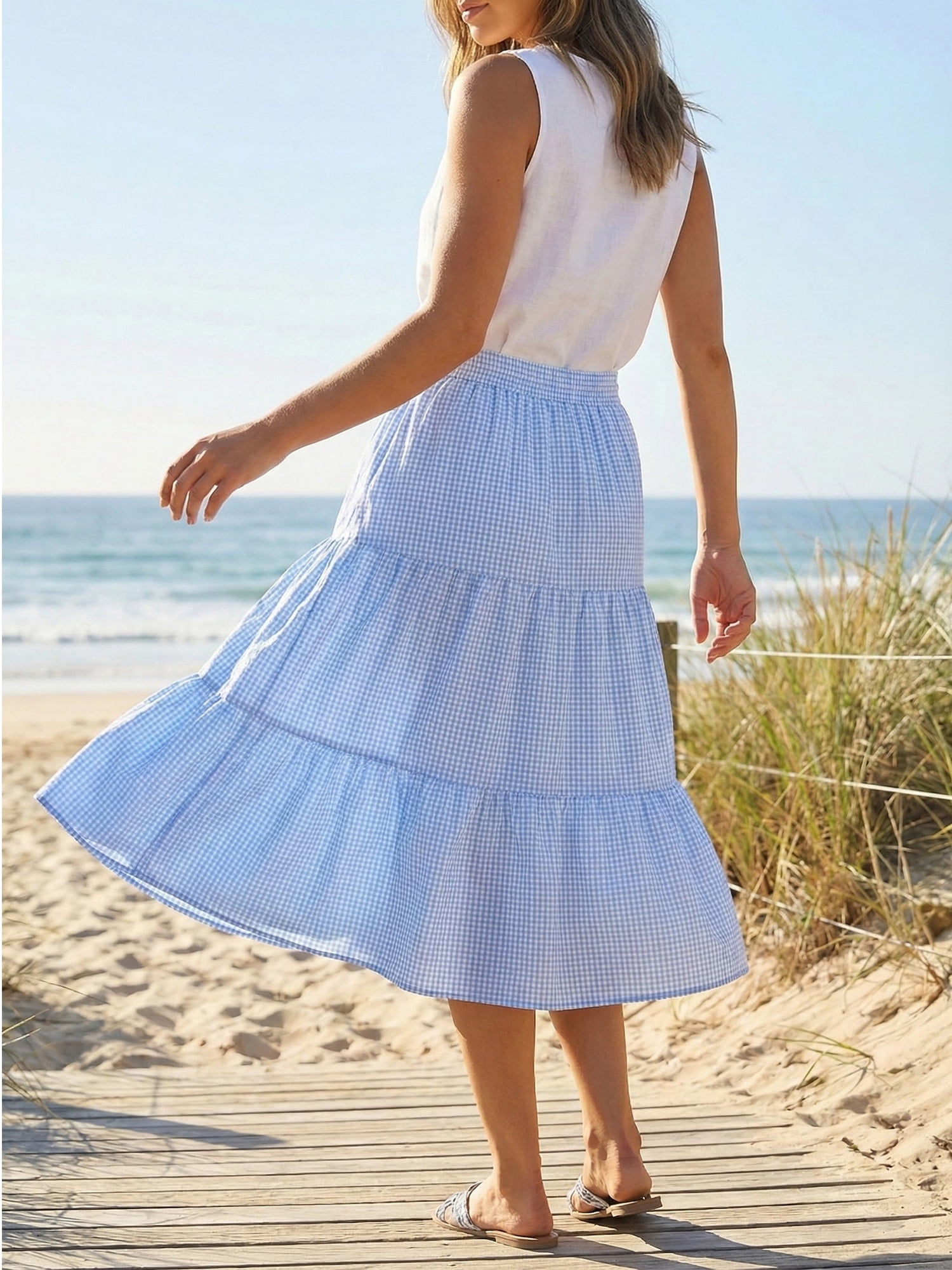 DARING DIVA Women's Gingham Drawstring Waist Tiered A-Line Midi Skirt Medium Sky Blue