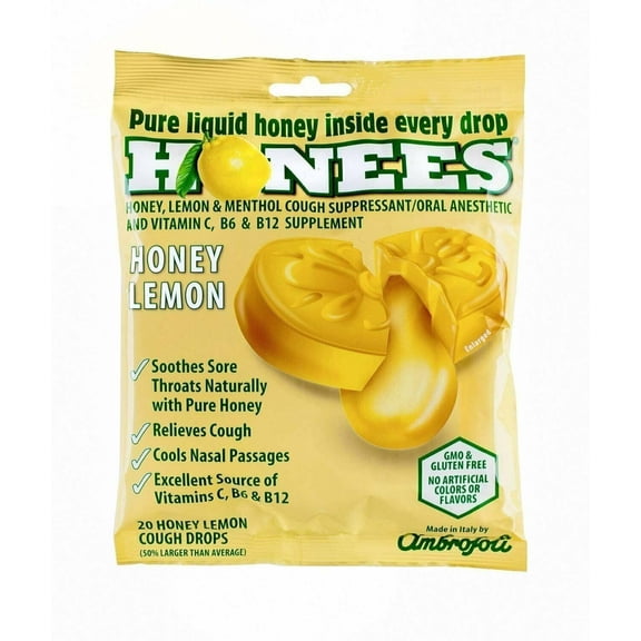 Honees Menthol Cough Suppressant Vitamin C & B6, Honey Lemon, 20ct, 4-Pack