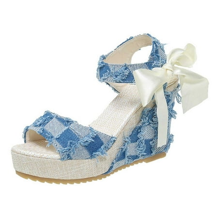 

tranfacy Summer Wedges Women s Summer Solid Color One-line Platform Bow Lace-up Beach Wedge Sandals