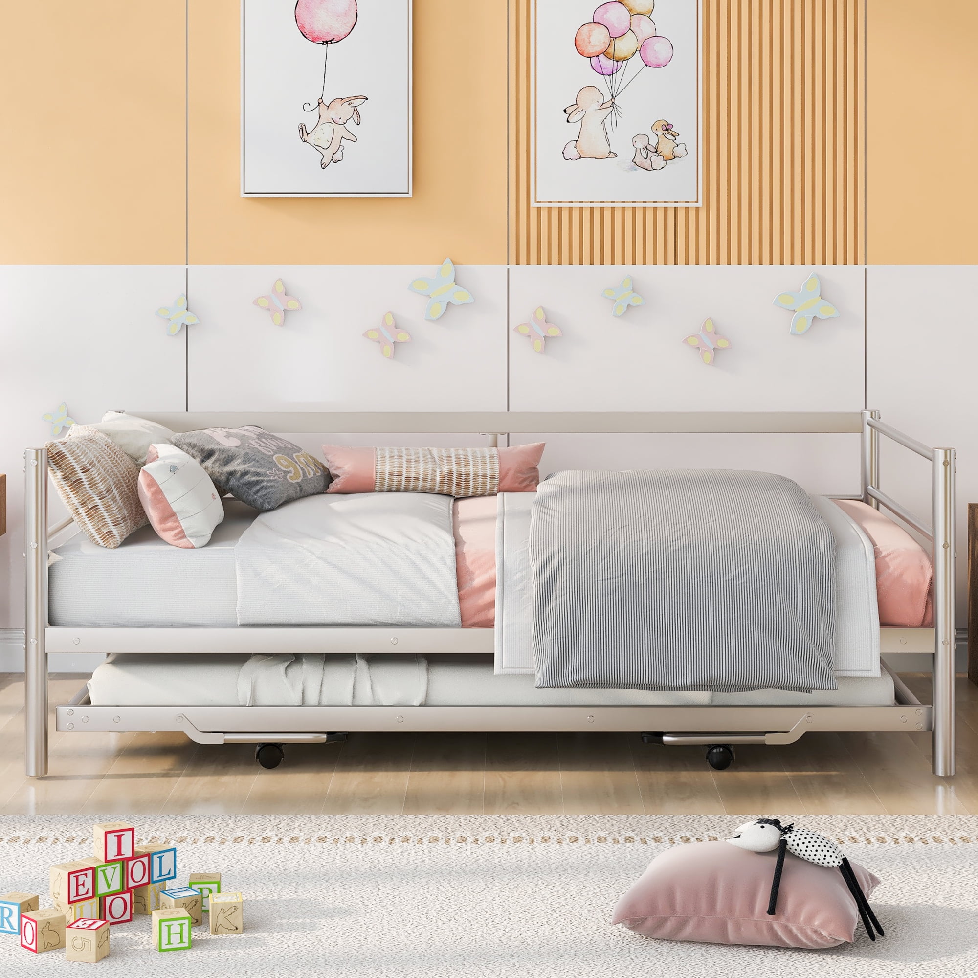 Twin Size Metal Daybed with Adjustable Trundle - Heavy-Duty Steel Daybed with Pop Up Trundle Bed - Silver