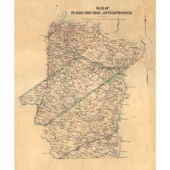 Historic County Map - Sussex County Virginia - 1865 - 23 x 27.62 - Vintage Wall Art
