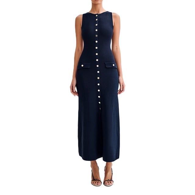 Gupgi Robe Longue en Tricot Sans Manches Boutonnée Fendue Côtelée