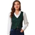thumbnail image 1 of INSPIRE CHIC Veste Sans Manches à Carreaux Extensible Asymétrique pour Femme à Col en V, Taille Cintrée, à Boutons, 1 of 6