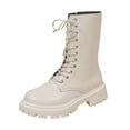 thumbnail image 5 of Rokment Fall Winter Platform Mid Calf Combat Boots for Women Fashion Casual Leather Side Zip up Chunky Riding Ankle Booties Black White White Size 6, 5 of 6