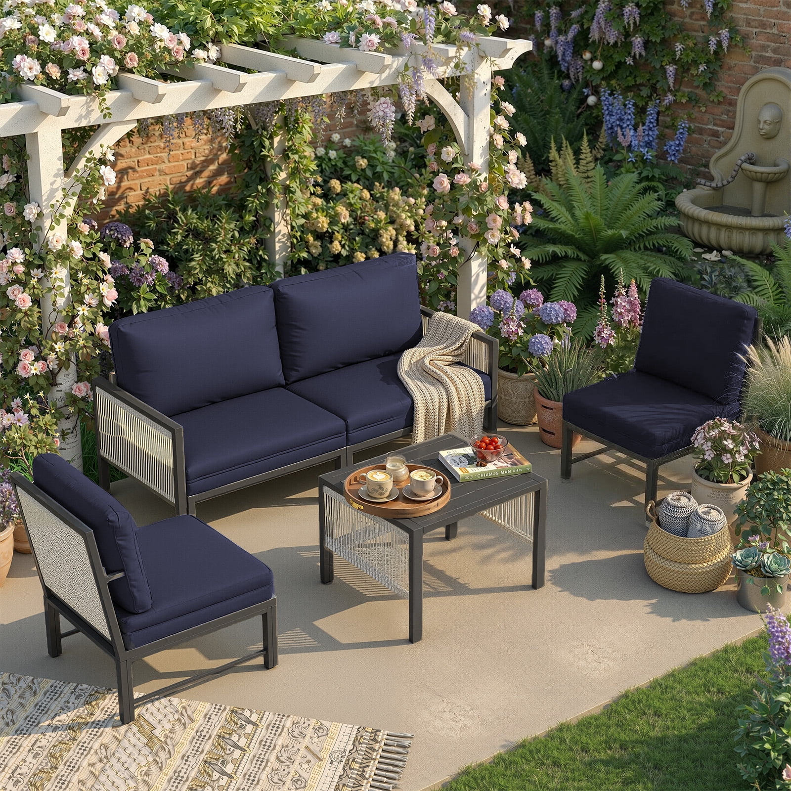 YODOLLA 4-Piece Patio Furniture Sets with Retractable Chairs & Coffee Table , 4 PcsModular Patio Furniture with Coffee Table & Cushions, Aluminum Frame,Navy