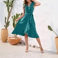 thumbnail image 2 of Hyknon Summer Dresses for Women New Fashion Ruffle Sleeve V Neck Temperament Midi Dresses with Belt Basic Solid Color Slit Flowy Beach Dresses, 2 of 5