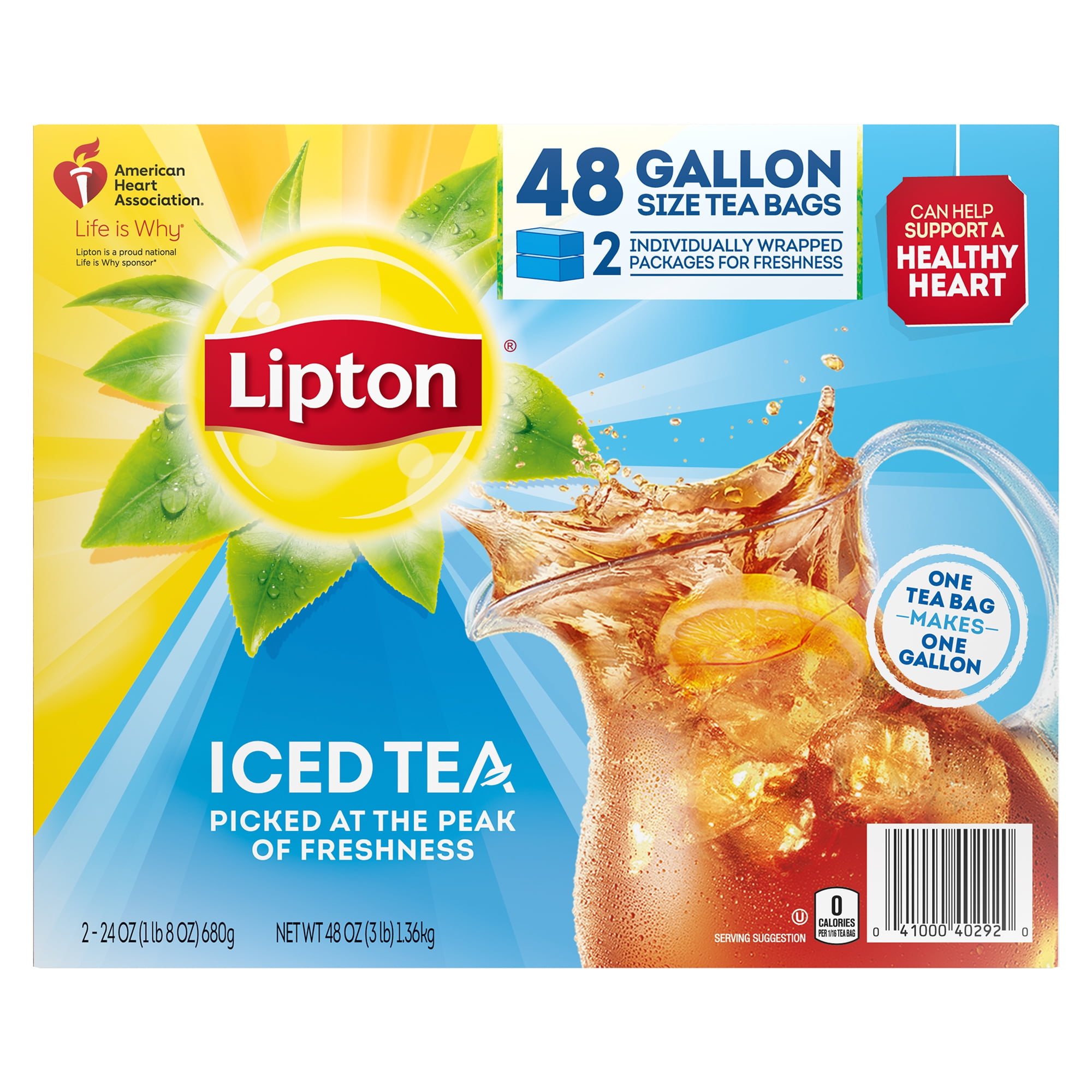Lipton Family Sized Iced Black Tea, Caffeinated and Can Help Support a Healthy Heart, Tea Bags 48 Count