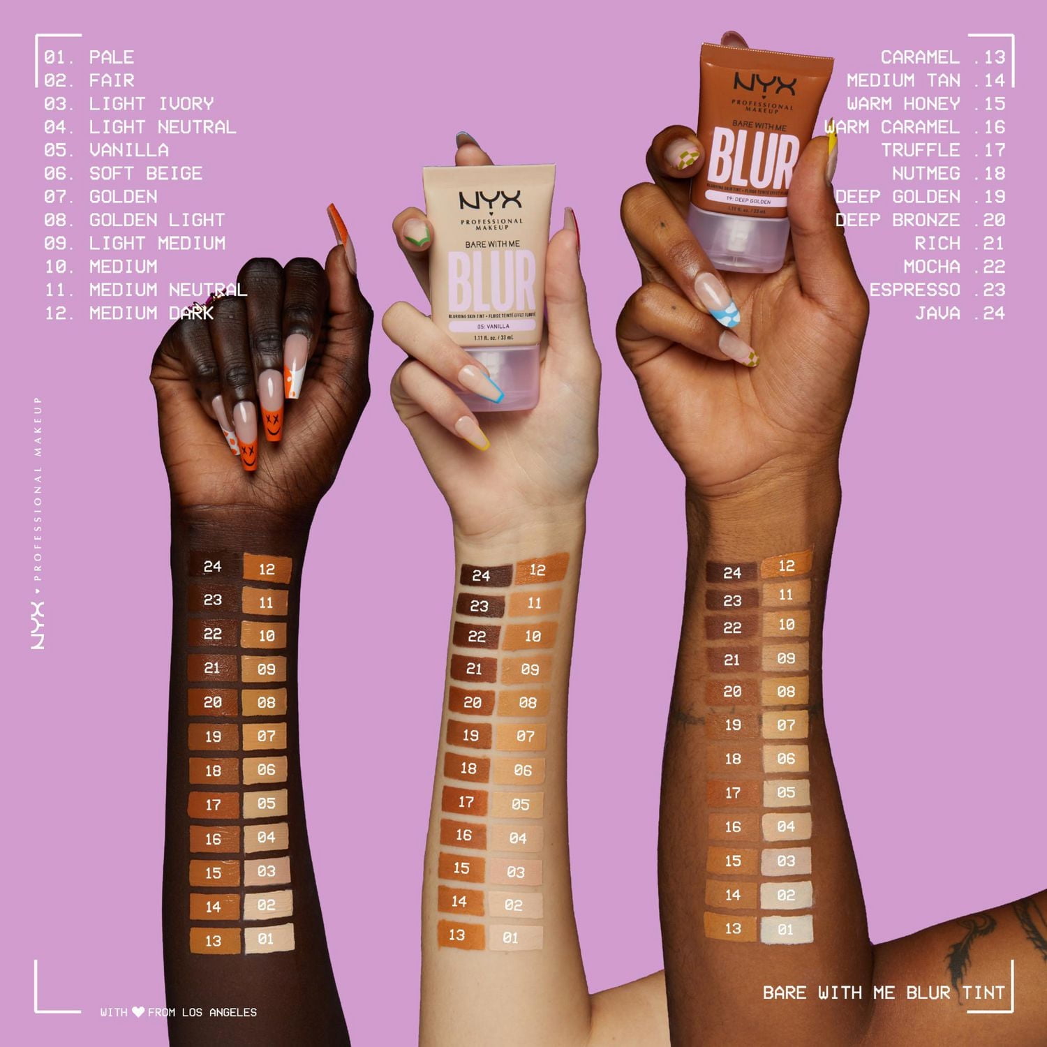 NYX PROFESSIONAL MAKEUP, Bare With Me, Fond de teint nuancé, Couvrance moyenne modulable, Hydratation 12hres, Fini mat léger - 03 LIGHT IVORY Fond de teint estompé