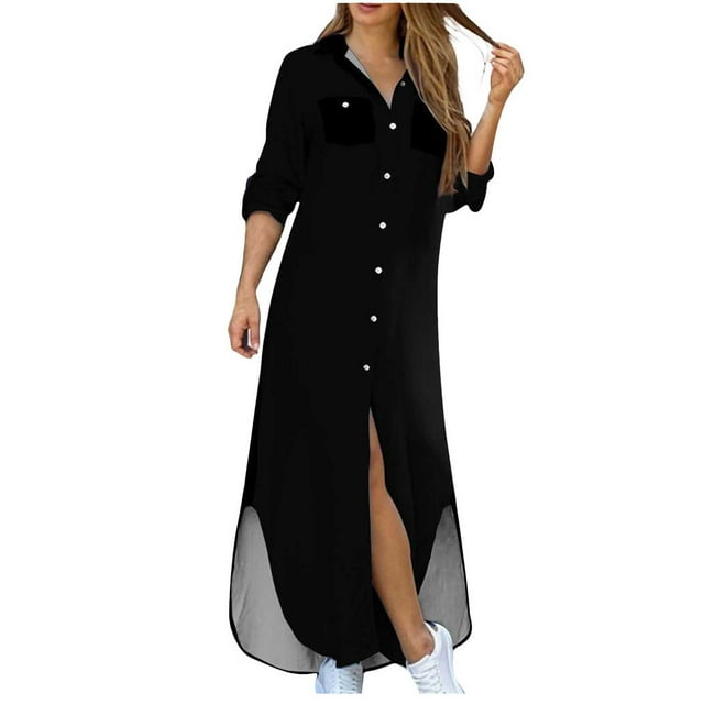 Pompotops Robe d'Été pour Femme, Couleur Unie, Décontractée, à Manches Longues, Col Rabattu, Robe Longue Décontractée de Plage, en Solde
