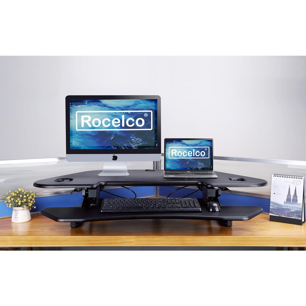 Rocelco 46" Large Height Adj Corner Standing Desk Converter w Floor Mat - Black