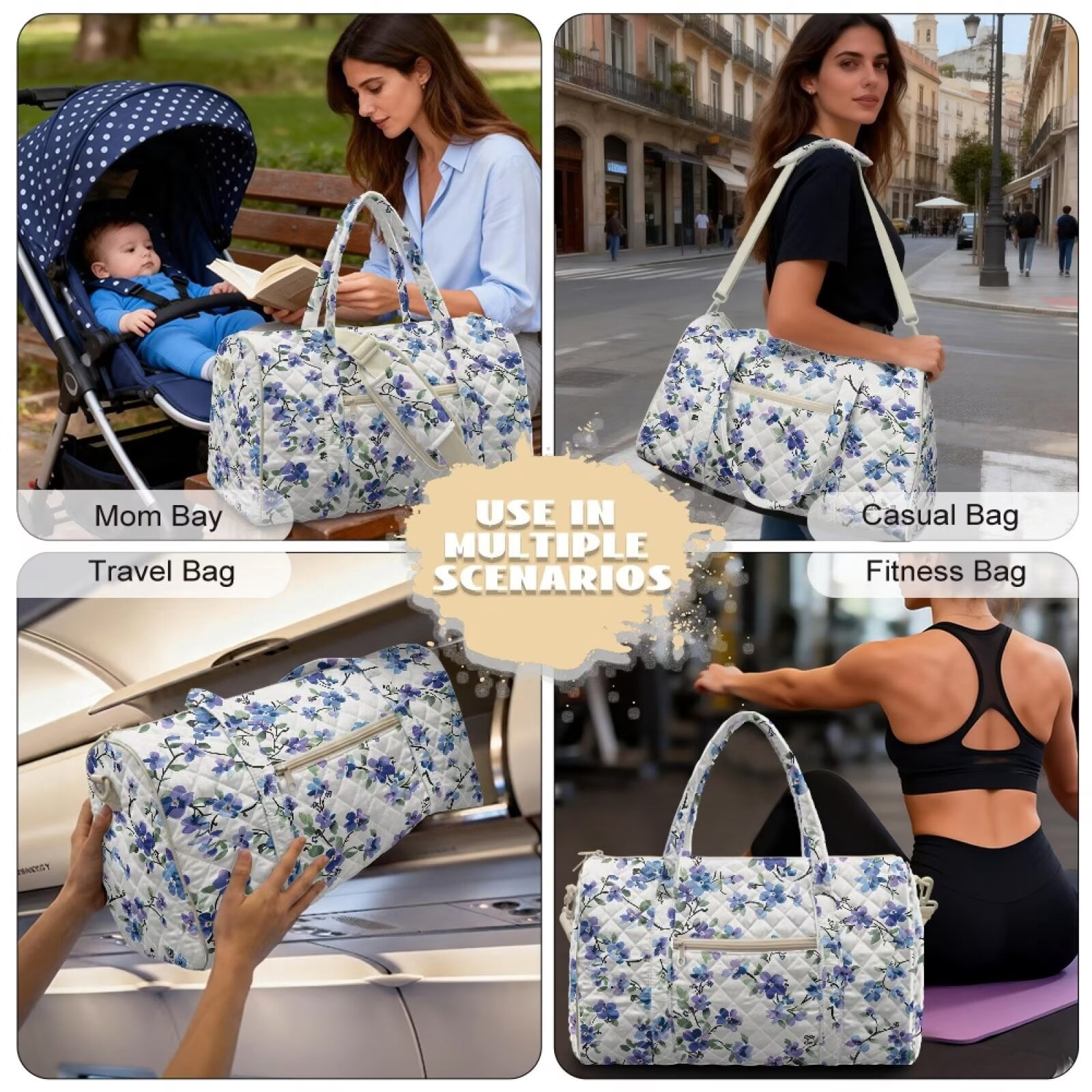 Pzuqiu Floral Quilted Weekender Bag for Women Large Capacity Puffer Travel Duffle Carry On Tote Lightweight Soft Overnight Gym Bag with Luggage Sleeve Portable Travel Bags