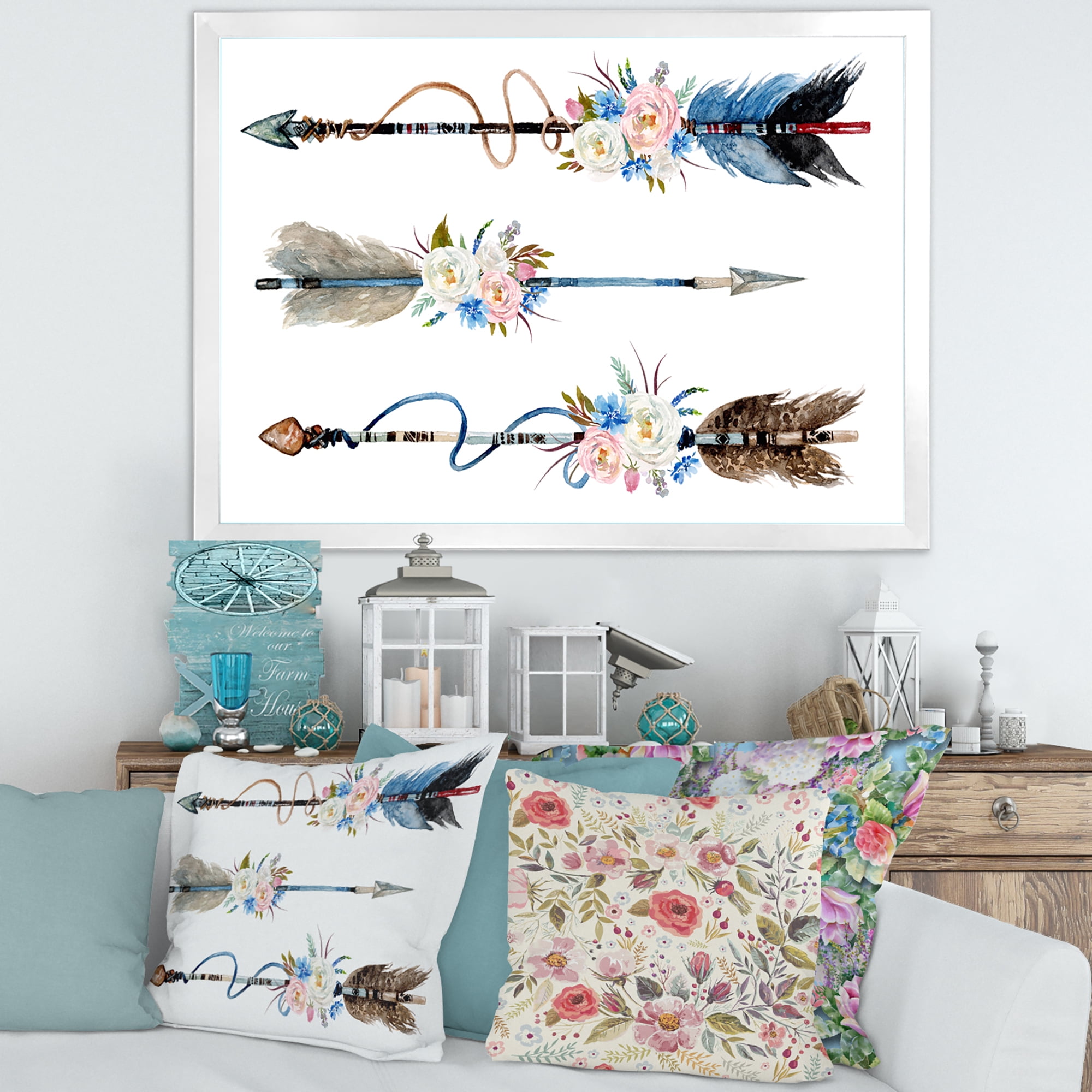 Designart 'Flowers and Ethnic Feathers On Native Arrows I' Bohemian & Eclectic Framed Art Print