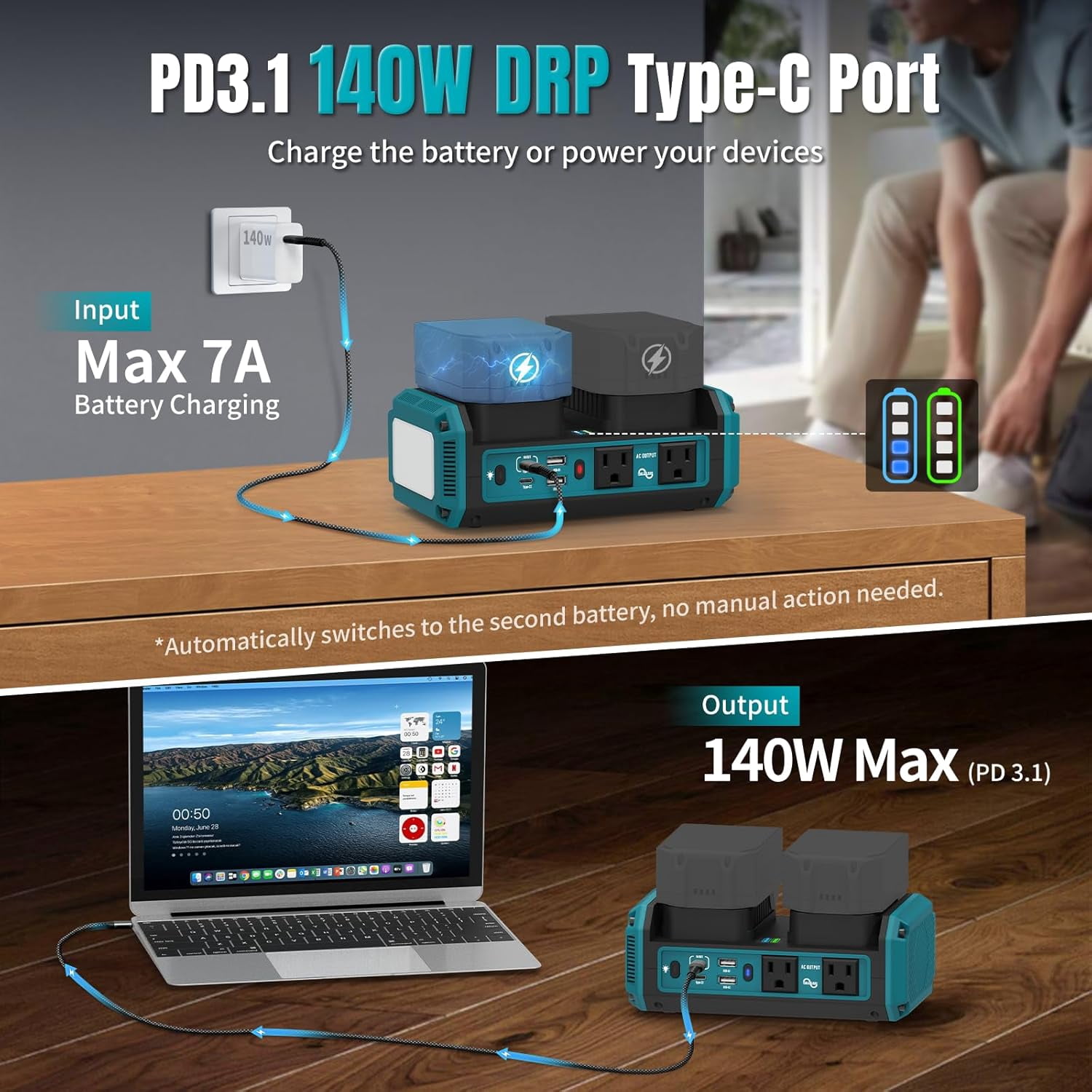 Kzreect 350W Pure Sine Wave Power Inverter, Compatible with Makita 18V Batteries, 18V to AC 120V, 140W Type-C 18W USB-A Fast Charging