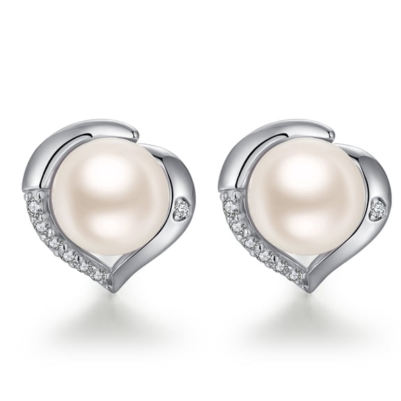 Jiamiaoi Pearl Stud Earrings for Women Heart Stud Earrings Brilliant Pearl Heart Earrings in Silver/Rosegold/Gold