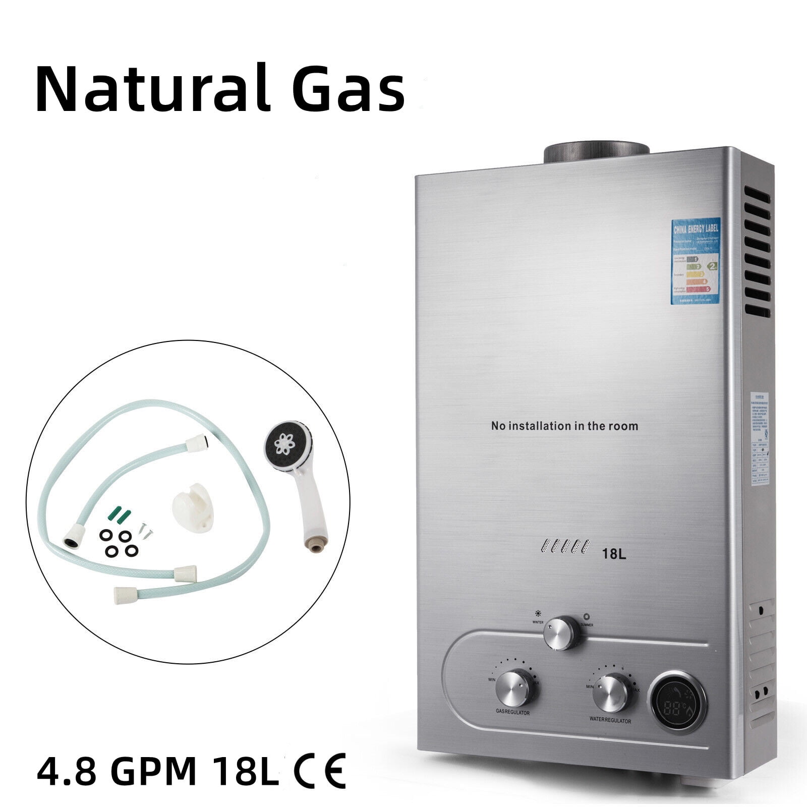 Tankless Water Heater 4.8GPM Natural Gas Water Heater 18L Portable Water Heater Instant Endless Hot Water with Shower Kit