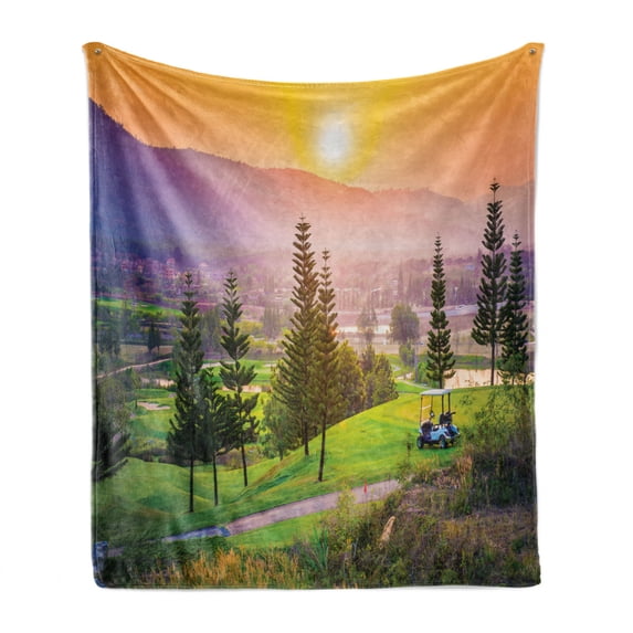 Nature Soft Flannel Fleece Throw Blanket, Golf Resort Park in Spring Season Trees Sunset Hills and Valley End of the Day, Cozy Plush for Indoor and Outdoor Use, 70" x 90", Multicolor, by Ambesonne