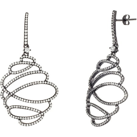 Lesa Michele Black Onyx and Cubic Zirconia Sterling Silver Dangling Swirled Earrings