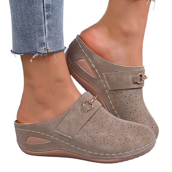 Clogs for Women Closed Toe Slip on Mules Othopedic Wedge Sandals Hollow out Comfortable Arch Support Slides Khaki Size 7