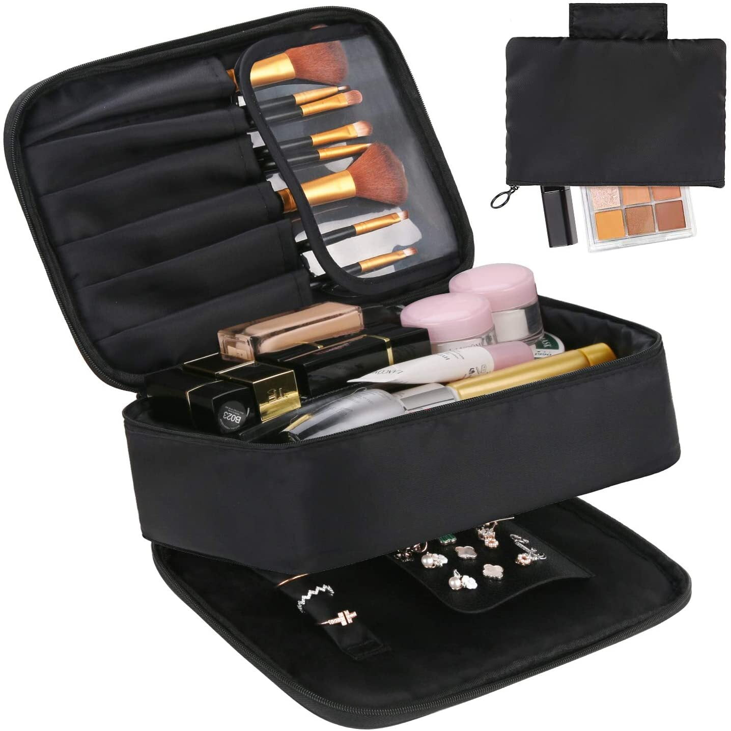 DIMJ Makeup Organizer Bag for Women, 2 in 1 Travel Jewelry Organizer Case with Compartments, Portable Makeup Bag for Cosmetics Brushes Necklaces Earrings Bracelets Toiletry Black - Walmart.com