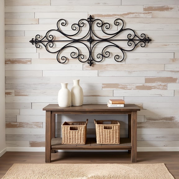 Black Metal Wall Art 45x18 Inch, Rustic Wrought Iron Scroll Wall Decor, Large Antique Hanging Accents for Living Room, Bedroom, Entryway Home Decor