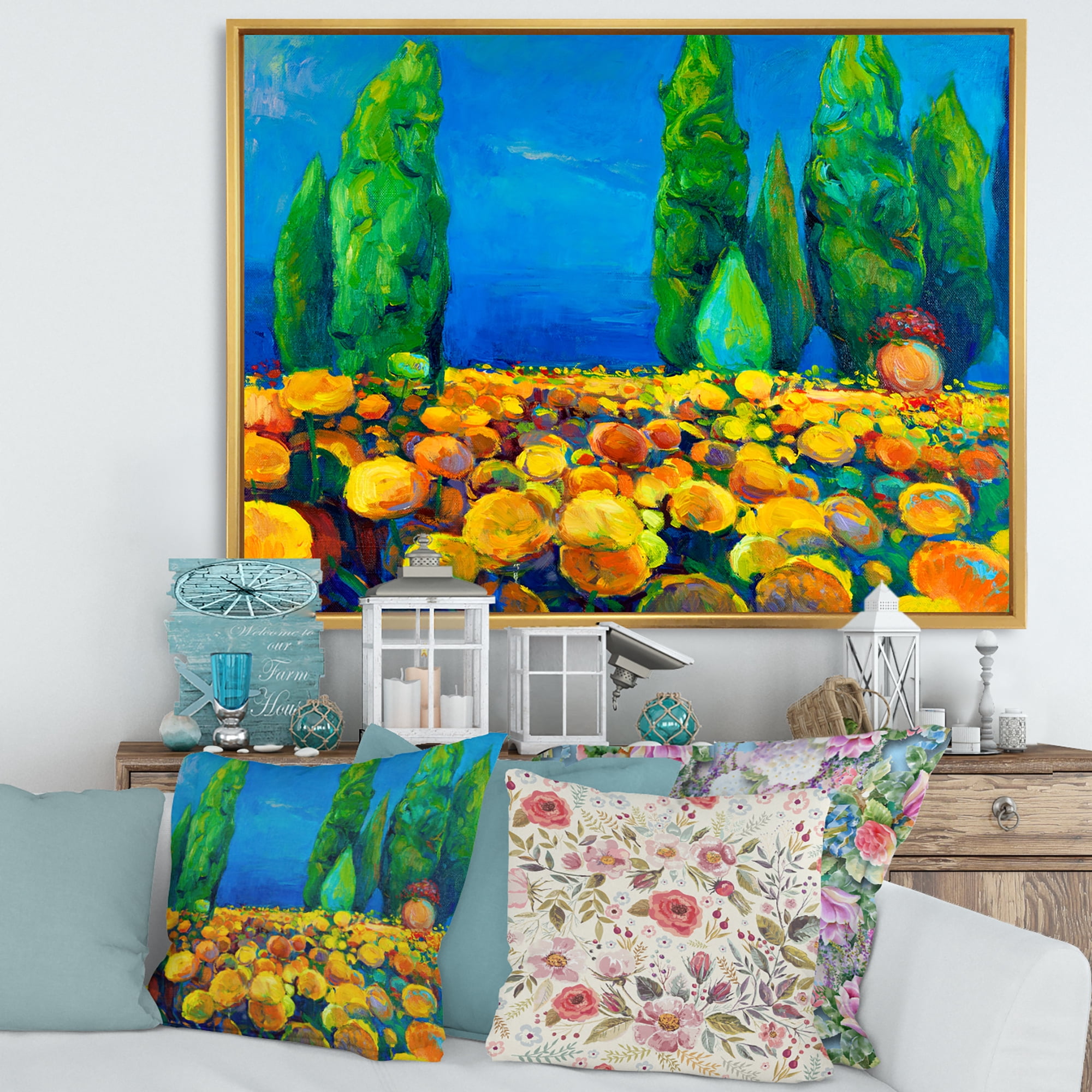 Yellow Blossoming Flowers Landscape With Green Trees 20 in x 12 in Framed Painting Canvas Art Print, by Designart