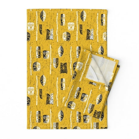 

Printed Tea Towel Linen Cotton Canvas - Midcentury Yellow Tiki Vintage Aloha Hawaii Tattoo Island 8B Print Decorative Kitchen Towel by Spoonflower