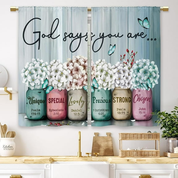 Teal Farmhouse Floral Kitchen Curtains Rustic Flower Small Short Cafe Window Curtains Country Wooden Barn Inspirational Bathroom Window Drapes Treatment Tier Curtains 2 Panels (26x36 Inch)