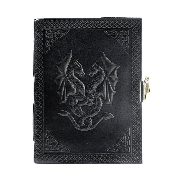 Handmade Leather Double Dragon Journal/Writing Notebook Diary/Bound Daily Notepad for Men & Women Unlined Paper Medium 8 x 6 Inches, Writing pad Gift for Artist, Sketch Black
