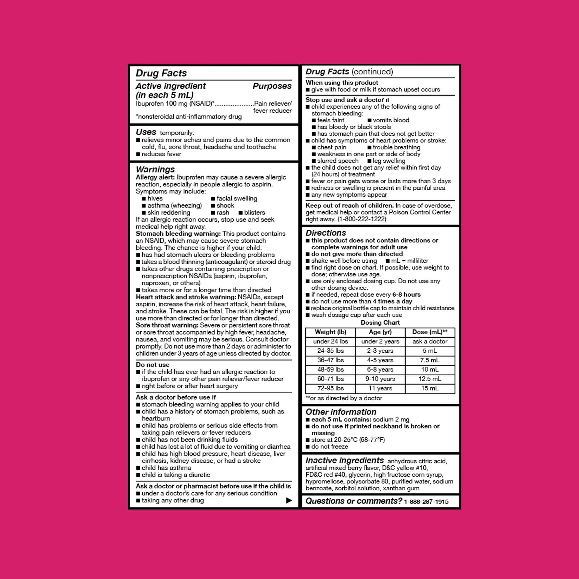 Equate Children's Pain Reliever/Fever Reducer Ibuprofen Oral Suspension, Berry Flavor, 100 mg, 8 fl oz